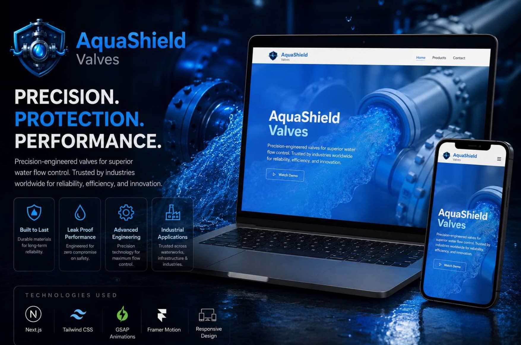 AquaShield industrial valves website shown on laptop and mobile devices